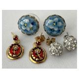 3 Pairs Cute Pierced Earrings. Floral Rhinestone