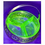 VTG Uranium Glass Divided Candy Dish w/ Metal
