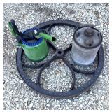Vintage wheel/metal gas can/other