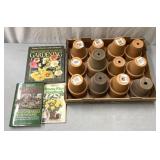 Clay planters pots/gardening books