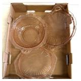 Pink depression, glass service, trays, and bowl