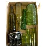 Vintage green glassware/vases bottles