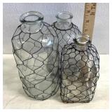 Vintage chicken wire decorative glass bottles