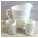 White milk glass hobnail pitcher and glasses
