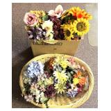 basket and box of colorful, artificial flowers