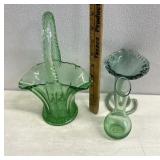 Vintage green glassware, vases, and basket