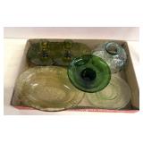 Green and yellow mixed glassware