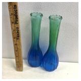 2 Jeannette Glass blue and green ombre ribbed bud