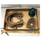 Vintage glass insulator/iron holder/horseshoes