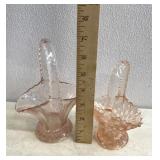 2 vintage pink glass baskets