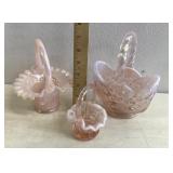 3 vintage pink frosted glass baskets