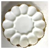 Deviled egg, service tray, milk, glass, gold