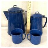 Vintage blue enamelware, coffee, pots and cups