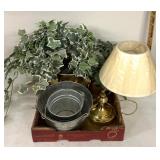 Artificial plants/metal buckets/office lamp