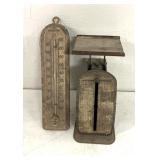 Vintage scale and thermometer