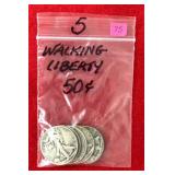 5 - 90% Walking Liberty Halves