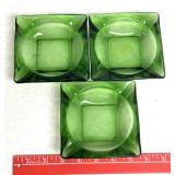 3 retro green glass ashtrays