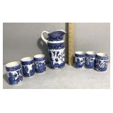 Blue Willow transferware pitcher and cup set