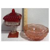 red/clear cover candy dish-pink glassware bowl