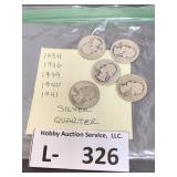 (5) Silver Washington Quarters