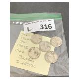 (5) Silver Washington Quarters