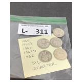 (5) Silver Washington Quarters