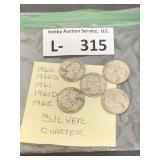 (5) Silver Washington Quarters