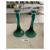 (2) Green Glass Candlesticks