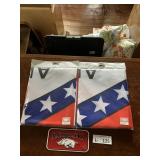 (2) NIP Arkansas State Flags & Razorback Plate