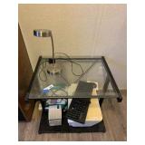 Metal/Glass Top Table w/Small Lamp, Keyboard, etc
