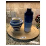 (2) Blue & White Ceramic Vases on Wood Tray
