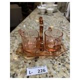 Pink Depression Glass Creamer & Sugar Set w/Caddy