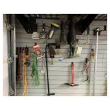 MIsc Garden Hand Tools, Boots, etc Hanging on Wall