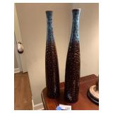 (2) Aqua Blue & Brown Dimpled Ceramic Vase