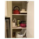 Blender, Tea Pots, etc in Cabinet