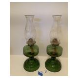 (2) Green Glass Oil Lamps