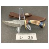 Damascus Style Knife & Sheath approx 2.5"