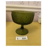 Vintage FTD Avocado Green Glass Pedestal Compote