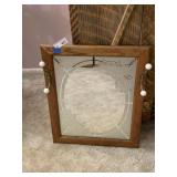 Vintage Oak Framed Wall Mirror Etched w/ Hat Hooks