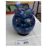Cobalt Blue Ruffled Glass Bowl Filled w/ Marbles