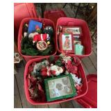 (3) Plastic Storage Totes of Christmas Decor Red