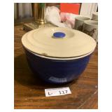 Vintage Blue Stoneware Mixing Bowl w/Lid (chip)