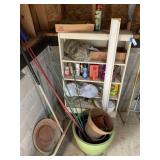 Wood Shelf & Contents - Flower Pots Broom