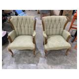 Pair Vintage MCM Green Aptterned Wingback Armchair