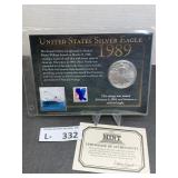 1989 Americal Silver Eagle w/Commemative Stamp