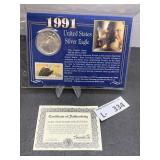 1991 Americal Silver Eagle w/Commemative Stamp