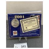 2001 Americal Silver Eagle w/Commemative Stamp