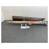 Damascus Style Knife & Sheath approx 8"