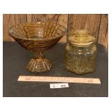 (2) Amber Glass Footed Bowl & Jar