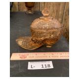Amber Pinkish Hobnail Glass Boot Lidded Candy Dish